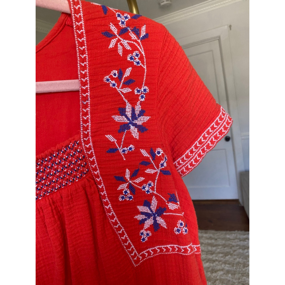Old Navy Red Cotton Dress Midi Boho Embroidered Boho Peasant Cottagecore Summer - Picture 5 of 7